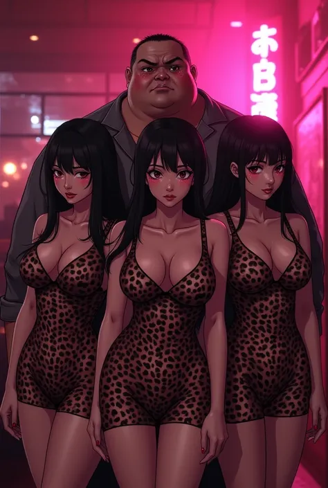 three asian girls,marin kitagawa,isuzu sento,mai kawakami,tight dress,leopard print,big breast,big butt,plump,crying,solo short obese man,standing behind the girl,indoor,dubious night club,pink light