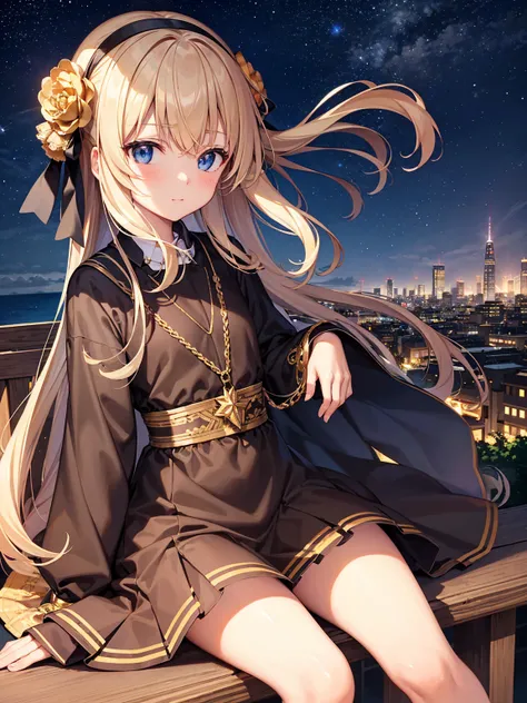  highest quality,  Masterpiece,  very detailed,  detailed biography, Anime,  in the seat,  young girls,  petite girl, SF, SF, Outdoors,   night , Starry Sky , greenhouse, huge structure, , wind景, scenery,  horizon , rooftop, sitting on rooftop, wind,  look...