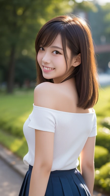 "A cheerful young woman with shoulder-length dark-brown hair, wearing a casual yet stylish schoolgirl-inspired outfit. She playfully slings a red randoseru over her shoulder while looking back at the viewer with a bright smile. Soft morning light, ultra-de...