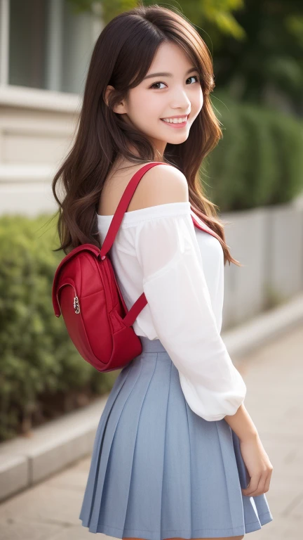 "A cheerful young woman with shoulder-length dark-brown hair, wearing a casual yet stylish schoolgirl-inspired outfit. She playfully slings a red randoseru over her shoulder while looking back at the viewer with a bright smile. Soft morning light, ultra-de...