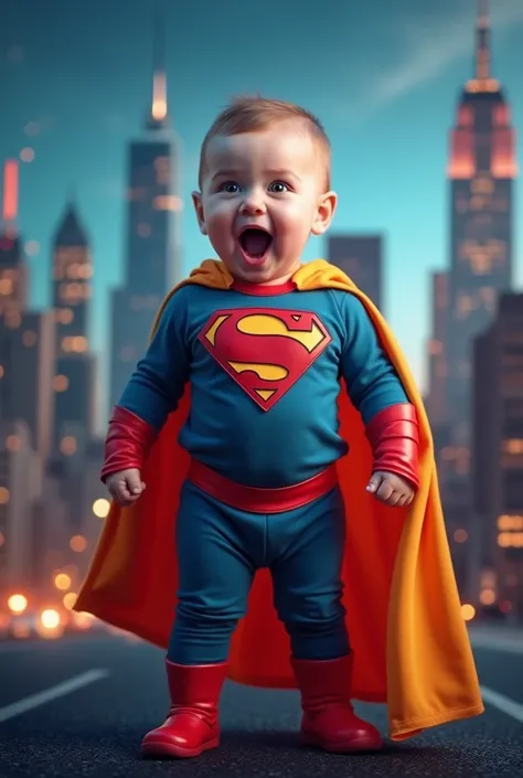 Ultra-realistic image of a  white baby, standing, wearing a colorful superhero costume (a vibrant cape, a logo on the chest, and tight-fitting suit) without the mask. The baby displays an excited and heroic expression, ready for action. The background feat...