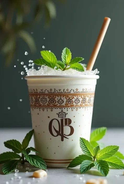 Make milky ayran with mint in a catron cup with Kazakh ornaments with a straw and the QB logo