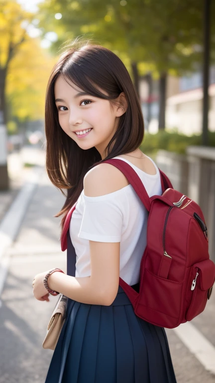 "A cheerful young woman with shoulder-length dark-brown hair, wearing a casual yet stylish schoolgirl-inspired outfit. She playfully slings a red randoseru over her shoulder while looking back at the viewer with a bright smile. Soft morning light, ultra-de...