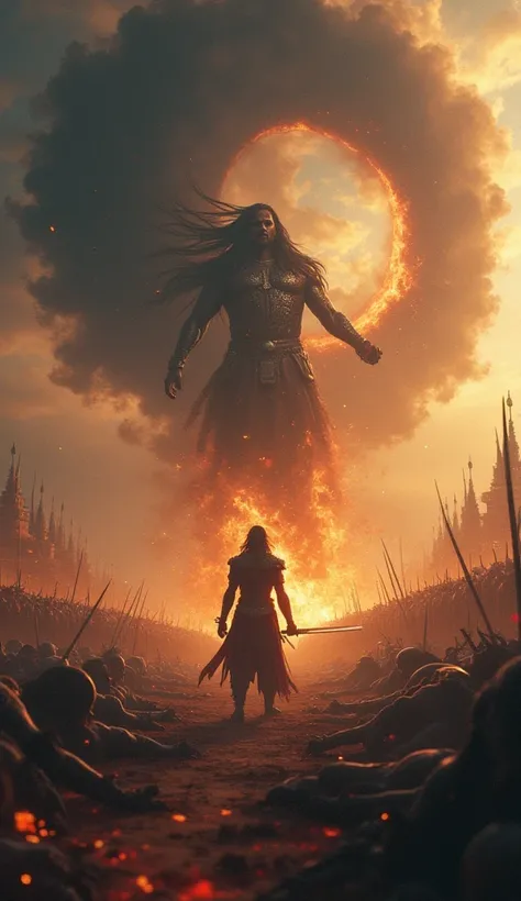  A war-torn battlefield where Kali, wounded and defeated, looks back in fear before disappearing into a swirling portal of darkness. Behind him, Kalki stands victorious, his glowing sword raised high. The battlefield is filled with fallen warriors, smoke, ...