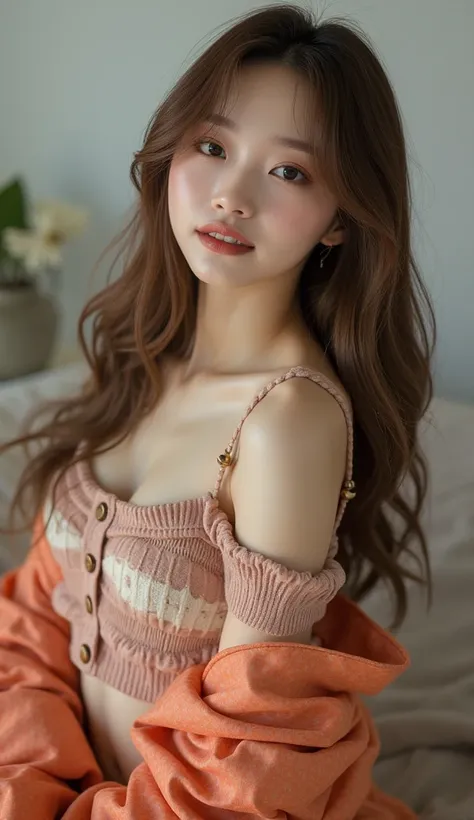 full-body portrait, A masterpiece, 8k portrait realistic photograph captured with a Canon EOS camera, featuring a cute and beautiful angle of a 21-year-old Korean-Vietnamese girl with a stunning K-pop style face, E-cup chest, white skin, and long brown hai...