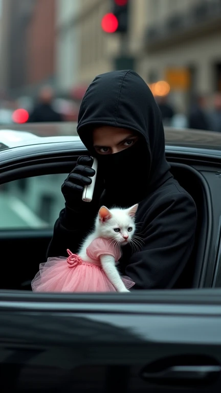 A tense and eerie scene inside a sleek black car parked on a busy New York street. A black-masked man, dressed in full black clothing, sits in the back seat, holding a white mobile phone to his ear, speaking in a calm but serious tone. Cradled in his other...