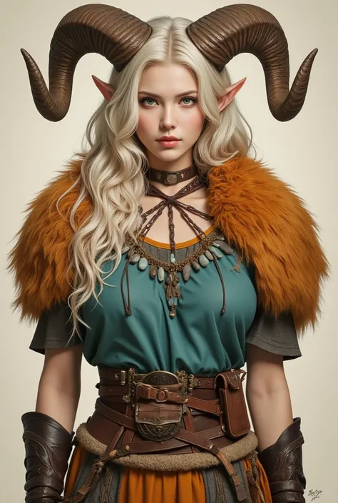 Illustrate a woman with curled ram horns, long platinum blonde hair, pale green eyes, pointed ears, a very beautiful forest druid. She wears an orange fur collar that covers her shoulders over top of leather shoulder armor, teal green top made of rough clo...