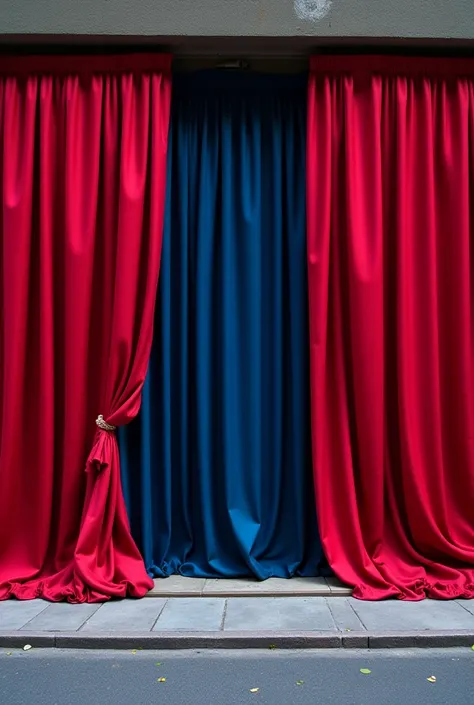 Curtains advertisement, curtain shop, curtains hanging outside the shop, the color of the curtains is dark red and indigo, and there is a large sign in the middle of the road