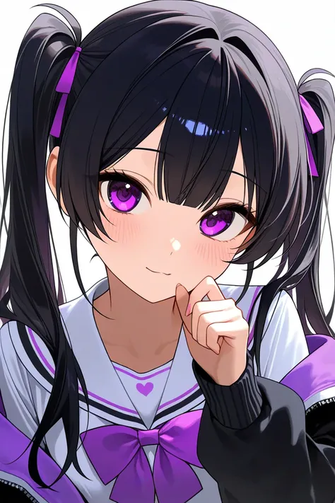  black hair、 twin tails、 beautiful girl、Purple Eyes