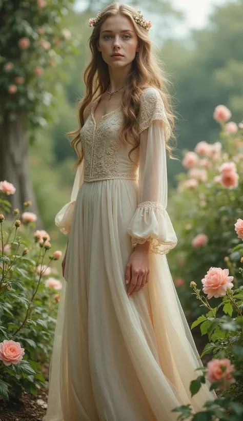 Medieval era, female fashion style, Solo, dreamy, whimsical, soft muted tone, garden