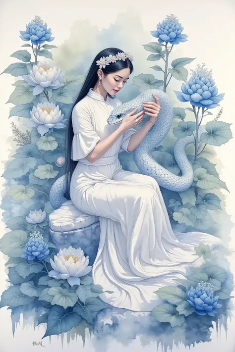 snake watercolor, a woman wearing a white choeongsam, petting a white snake, blue flower in background, Chinese theme