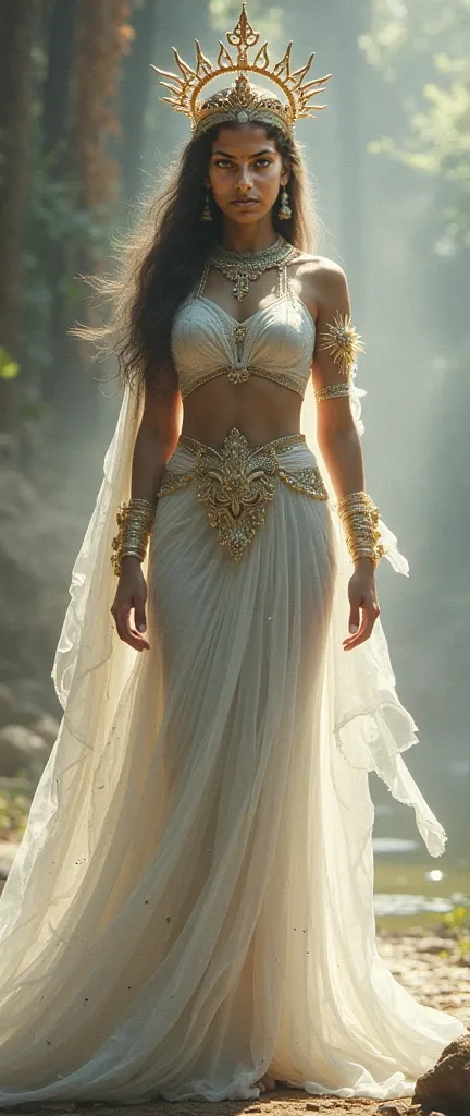 Godly and most beautiful indian girl, white skin tone, wearing celestial goddesses armour, hourglass body structure,  looking at cemara, smiling like goddesses, godly smile,