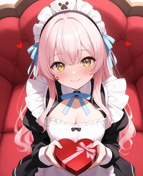 masterpiece,  BEST QUALITY,  1 girl, Alone,  girl、Clear、 s、Petite、 small tits、 light pink hair, light blue ribbon、  long hair,  half twin、 yellow eyes、 pink and blue cute maid outfit、Cleavage emphasis、 Long Sleeve, Frilled, smile, idol、 lots of hearts、 hav...