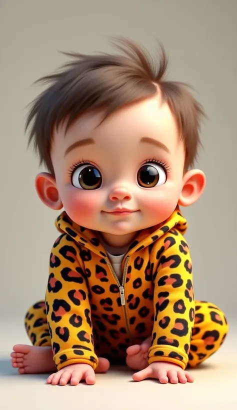 human baby sitting in colorful leopard print outfit, sitting leaning forward