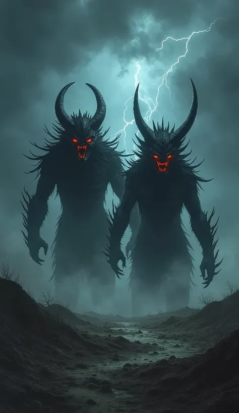 A dark and stormy sky looms over a barren, cursed land. Two monstrous ren—one representing wrath (Krodh) with fiery red eyes and another representing violence (Hinsa) with sharp claws—emerge from the shadows. Their expressions are menacing, and their bodie...