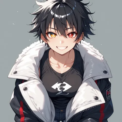 Bosozoku, tokkofoku jacket long, sukeban, short messy hair, chest wrap, pants, tomboy, girl, cool smile,flexHigh Resolution, 1girl, Simple background, Red Eyes, Black Hair, Shiny Hair, Asymmetrical Hair, Symbol-Shaped Pupils, Heterochromia, 