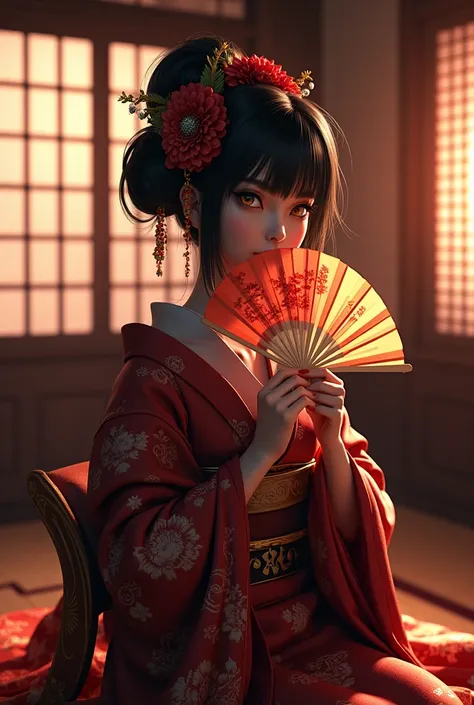 make a courtesan (Oiran), in a dimly lit traditional Japanese room, face turned to the side and golden eyes, holding a fan close to her face, 3d anime style 