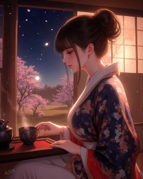 a beautiful young woman in a teahouse, gracefully performing a traditional tea ceremony, blunt bangs, super cute, chignon, earring, facial profile, detailed kimono, elegant movements, steam rising from the teapot, ornate tea set, A moonlit Japanese garden ...