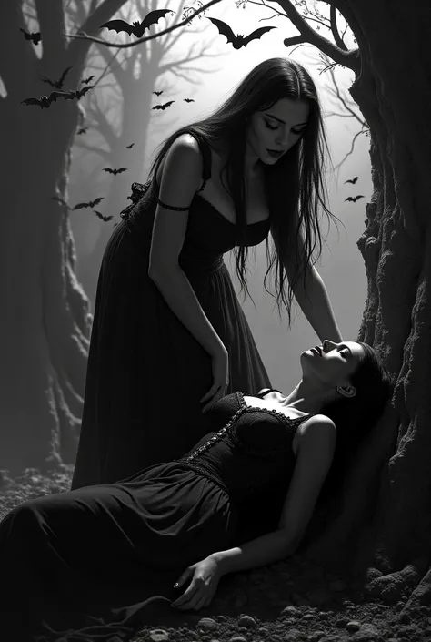 I want a busty young medieval vampire biting a young medieval girl lying down,  as bats fly over the night .  all in black and white  