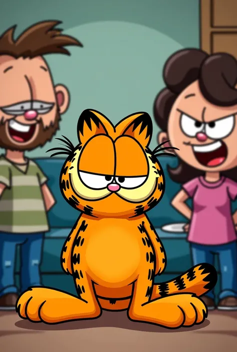 People around garfield are laughing and garfield is looking sad