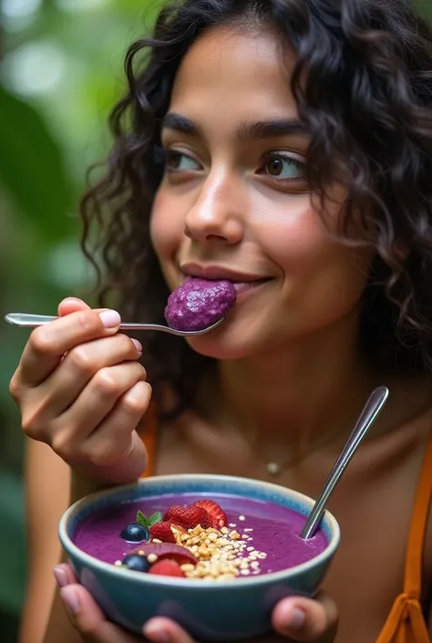  High quality vaccines,  create a realistic image, Of a beautiful Amazonian India, eating açaí in a bowl holding a spoon in my hand and bringing it up to my mouth, Just a face and no smile