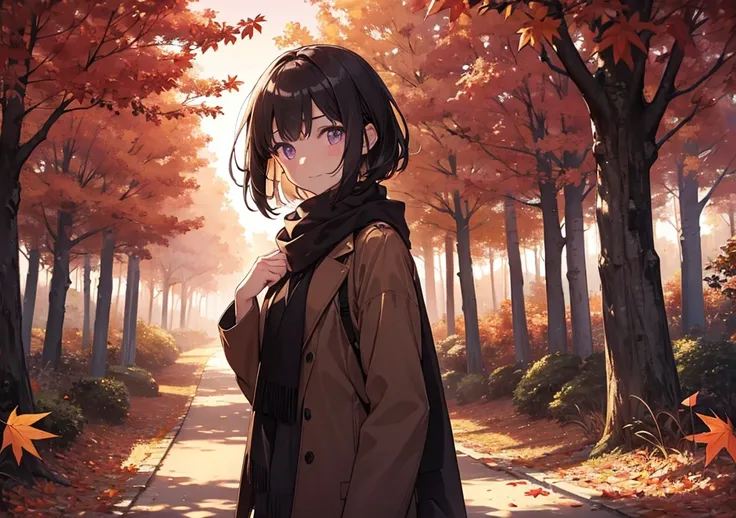 A beautiful girl stands on a tree-lined road at dusk, surrounded by the contrast of the beautiful autumn leaves and the setting sun. Her short bob hair sways gently, and she has a scarf around her neck. Her pale purple eyes reflect the setting sun, and her...