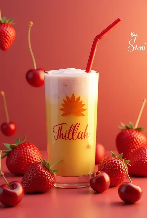 A 3D render of a cherries scene with a customized Pineapple ceramic frappe glass filled with a pineapple blend. The glass has a design of pineapple. The name "THILLAH" is inscribed in a graceful cursive font. The background is a strawberries scene with red...