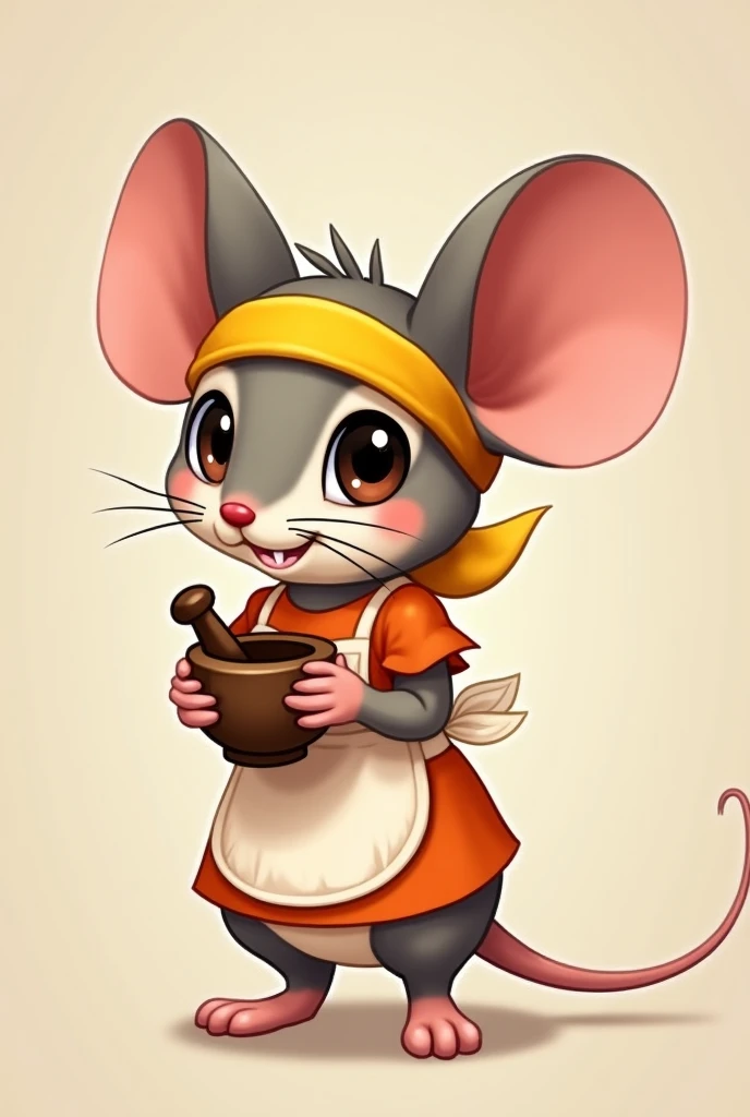 A small cartoon mouse from the rpg game Root with big ears wearing a yellow bandana and orange dress, with a white apron and hold a mortar and pestle