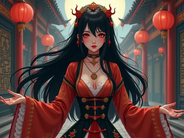 A mysterious lady with pale skin and long, flowing black hair, styled in loose waves with traditional Jiangshi talismans adorning her bangs, illustrated in a Soft Pastel Impressionism style. She wears a layered maid outfit in shades of deep red and black, ...