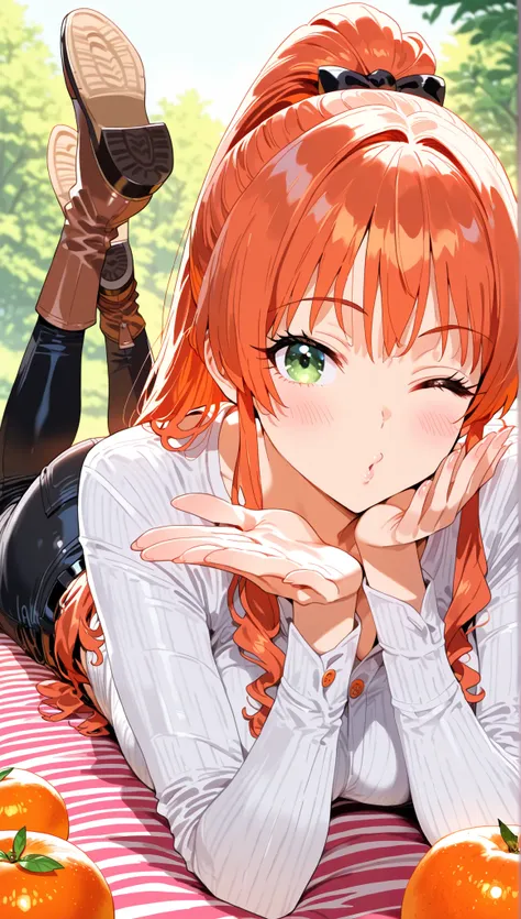 1girl,solo, blowing kiss, cute,one eye closed, high boots, on stomach, outdoor, lying, looking at viewer, orange fruit, high ponytail, long hair, pattern strip clothes, orange hair, side locks, black pants, breast, long sleeves, feet up, fabric material cl...