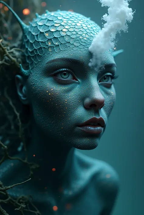 A mermaid with a scaly face made of fluorescent techno material is sticking its nose out of the water and exhaling