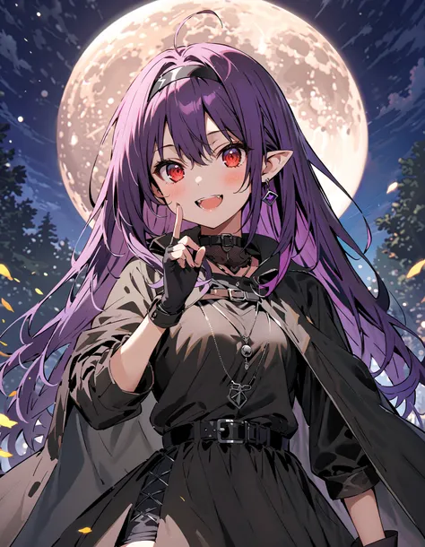 yuukikonno, Konno Yuuki,  headband,  long hair,  pointy ears,  purple hair,  red eyes ,smile,blush, open your mouth,witch,witchの帽子,
 thigh high socks,  gloves,  gradation shirt that Furakana has ,  dress, black  gloves, belt, fingerless  gloves, Cape,  col...