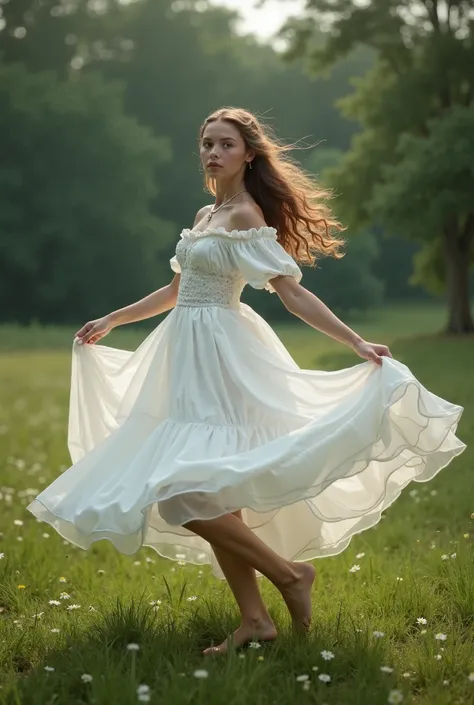 Medieval princess in a white dress dancing spinning and jumping the dress stands up with one hand and expands showing her thighs and feet, The background a green field and lush forest realistic ,  magic. (( the princess looks into the camera )), ((The prin...