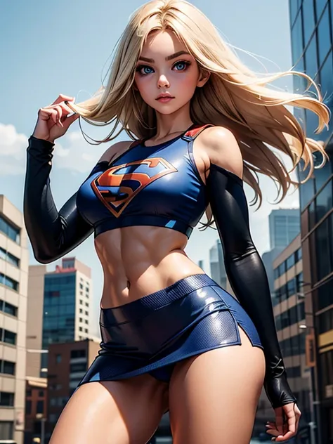 Golden hair, parted in the middle bangs, golden pupil blue eyes, Sculpted abs,skinny complexion, slim waist, lean body, VERY THIN, SCORE_9, SCORE_8_UP, SCORE_7_UP, SCORE_6_UP, SCORE_5_UP, SCORE_4_UP, floating over city, blue supergirl costume, lowcut minis...