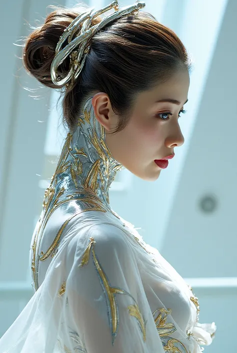  Picture of a Japanese female android in her mid-20s made of shiny white and silver translucent glass and plastic,  Geisha Makeup and Hairstyles , Silvery metal interior ,  Dynamic Pose ,  flowing organic structure , Shiny Gold Circuit , colorful  neon tri...