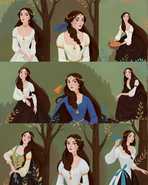 score_9, score_8_up, score_7_up, score_6_up, score_5_up, score_4_up, 1_woman, brow hair, long_hair, wearing a vibrant long peasant medieval dress, detailed clothing, sketches, detailed thick gouache painting, illustration, in gougoupaintleaves style:1.5, h...