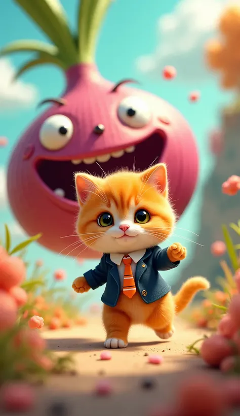 kitten (kitten cat orange, cute, dressedschool uniform), dikejar oleh monster bawang