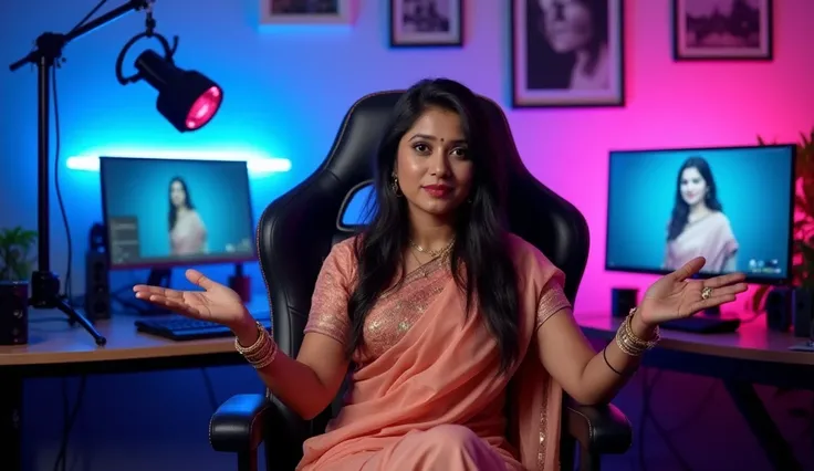 An Indian woman Ai bhabhi sitting confidently on a modern gaming chair in his YouTube studio. He is wearing a traditional saree and blouse His face is clearly visible and expressive despite wearing The women is gesturing with his hands, as if explaining so...