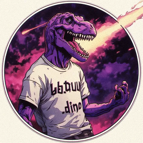 Rectangular circle logo sticker of violet skin of sleep dino in cartoon style and wear white t-shirt by the band Guns n Roses, it's built from the word ' dead.dino' with minimal design, background meteorite impact