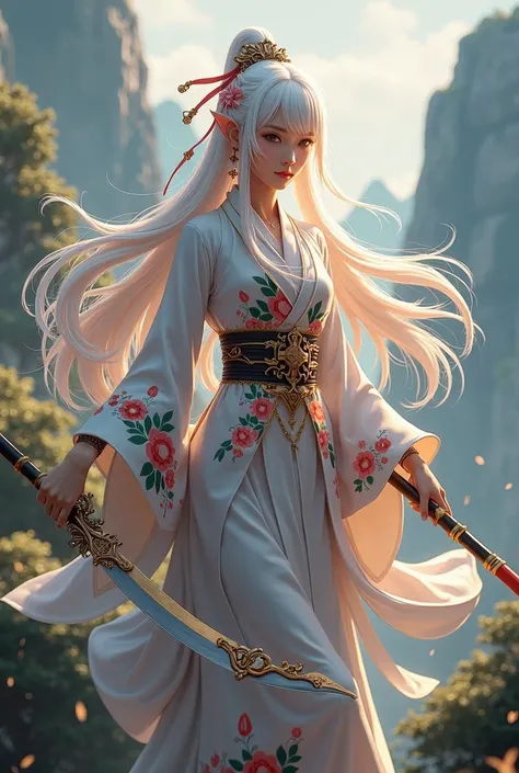 create a genshin character wearing a hanfu and wielding a scythe polearm spear. the clothes are patterned with flowers and the hair is long. make it 2d art style