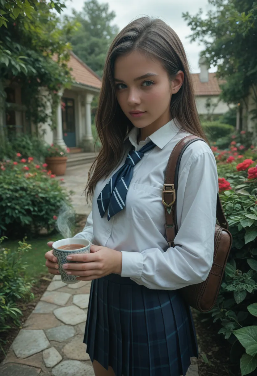  the best quality,  masterpiece, Alone ,  a girl, tosv1,  ( school uniform),  embarrassed,  looking at the Ultra High Definition Viewer ,, a cup of tea in her hand , in a garden, midnight, bright moon