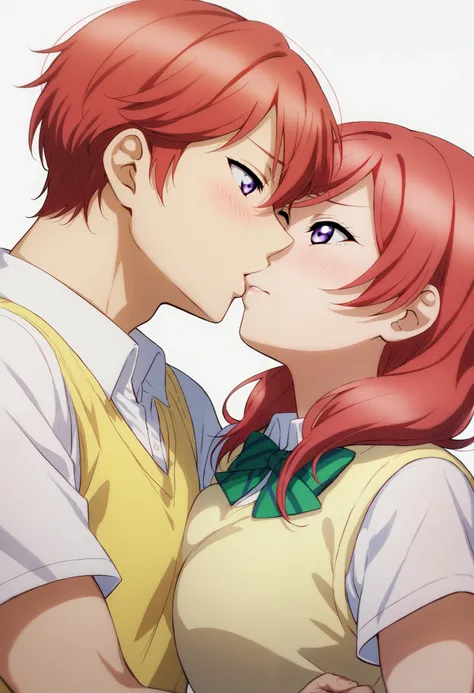 2persons, siblings,1boy,1girl,Maki nishikino,love live,highres,red hair , purple eyes ,blush ,looking at each other ,otonokizaka ,white shirt,yellow sweater vest, upper body ,big breasts, young girl,Brother and sister , sister leaning against her brother, ...