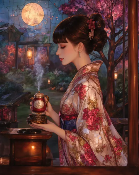 a beautiful young woman in a teahouse, gracefully performing a traditional tea ceremony, blunt bangs, super cute, chignon, earring, facial profile, detailed kimono, elegant movements, steam rising from the teapot, ornate tea set, A moonlit Japanese garden ...