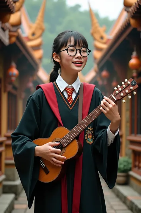 Thai student wearing Harry Potter costume playing Thai music