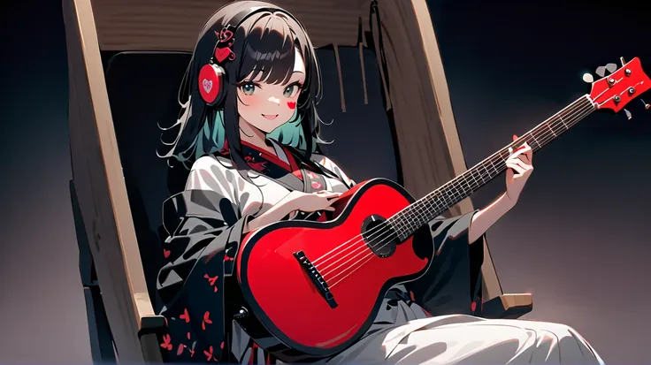  fashion portrait color photography, A woman playing the shamisen、(((Ink painting))), ((( in the seat))), (((heart tattoo on face ))), (((Beautiful hair ornaments))), Japanese headphones, (((guitar ))),  A woman playing the shamisen、 Japanese Beauty ,   bl...