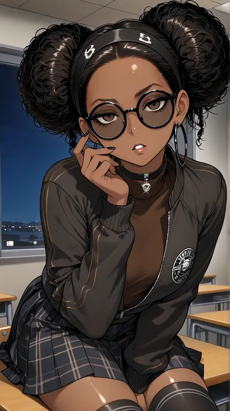 1Girl, Mature, Ebony, African American, Dark Skin, Jet Black Hair, Afro, Double Bun, Shiny Hair, Bright Brown Eyes, Black Nails, Dark Brown Eye Shadow, Medium Chest, Brown Turtleneck Shirt, Varsity Jacket, Black Circular Glasses , Black Plaid Skirt, Black ...