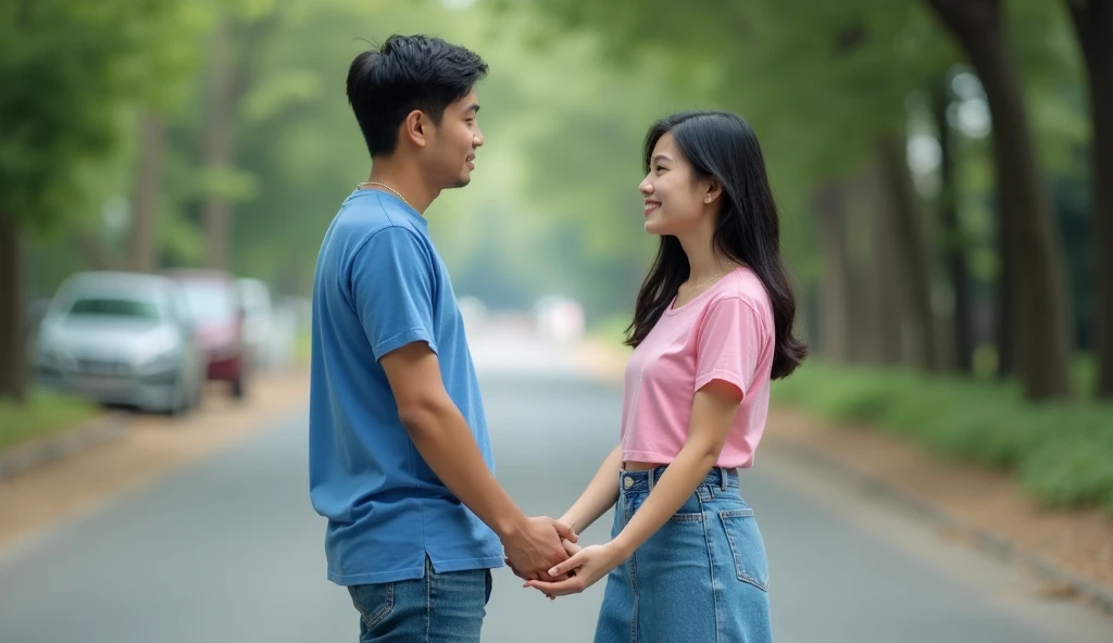 A 25 years old Indonesian man (black hair, blue t-shirt, blue jeans, white sneaker) and a 20 years old Indonesian woman (black hair, pink t-shirt, blue jeans skirt, white sneaker) looking at each other. Their eyes meet, a small smile forms—the spark of fir...