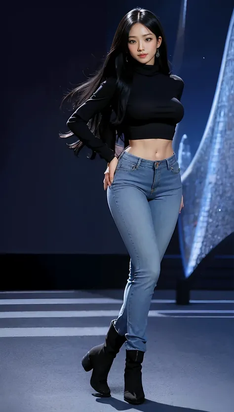 Accurate 、FULL BODY Photo 、Standing in her FULL HEIGHT from head to toe 、Studio background 、 Karina from Aespa、Long black hair 、 Abs are cracked 、 Navel is visible 、Wide hips 、 Huge butt 、 Super tall in height 、 Super tight sky blue skinny jeans 、 Wearing ...