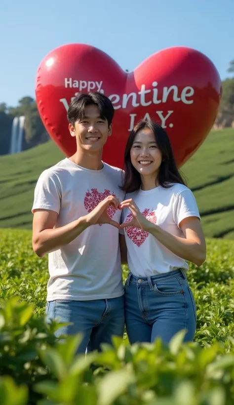 clear  ,  are both smiling sweetly into the camera ,  with youth dressed in R , and Women dressed in T shirts logo A , jeans, sports shoes, is facing the camera with both hands forming a heart,  amidst the vastness of fresh green tea gardens , behind him a...