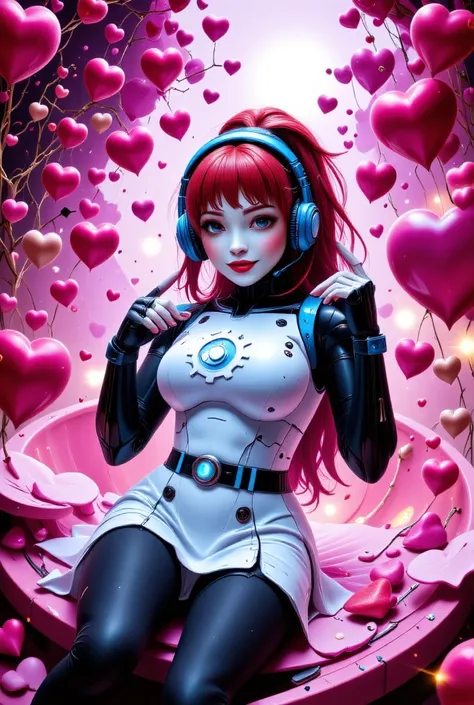 A fantasy land full of valentine hearts, a playful curvy anime robot scantily clad woman with grayish white robot skin, medium breasts, she is lying down on a heart shaped bed, ((pink cheek dots 1.3)), big smile, long red hair with a single side ponytail, ...